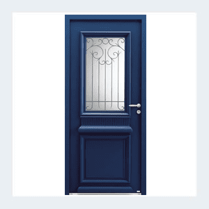 Porte d'entrée mixte alu/bois - Modèle Héliopolis mixte - Bleu texturé RAL 5003